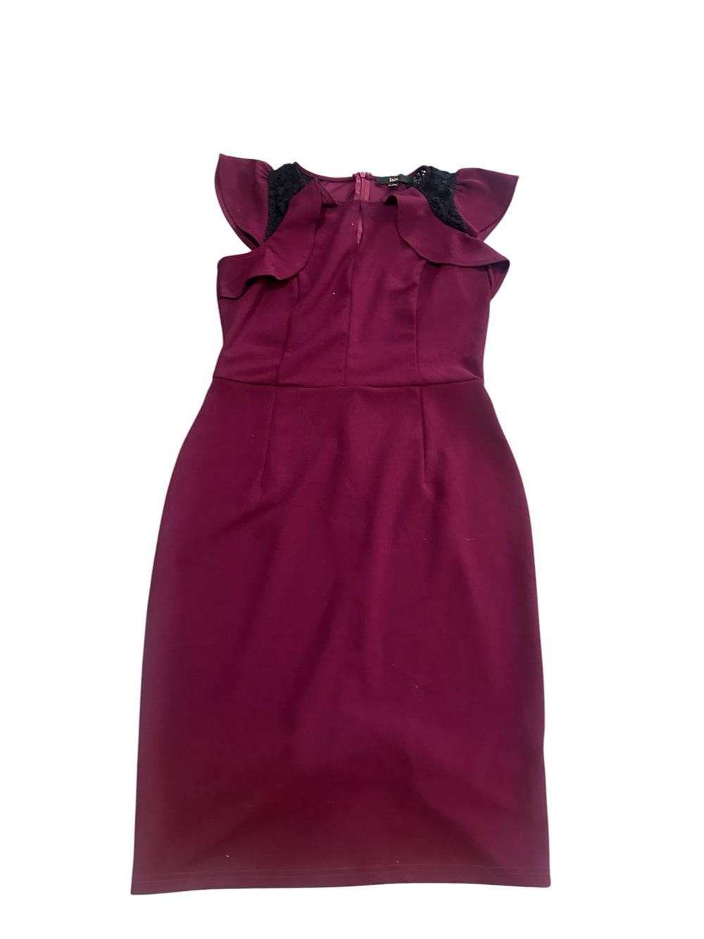Knitee Burgundy Black Lace Ruffle Sleeve Bodycon Dress Size L